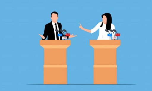 An animated PM and an animated BDM stand at their individual podiums, addressing each other in a debate over who should be responsible for closing deals and bringing in new property management business.