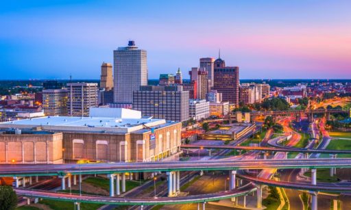 The Memphis, Tennessee skyline at dusk.