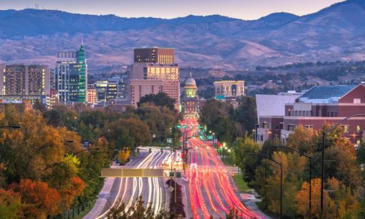 Traffic flowing to and from the skyline of downtown Boise, Idaho.